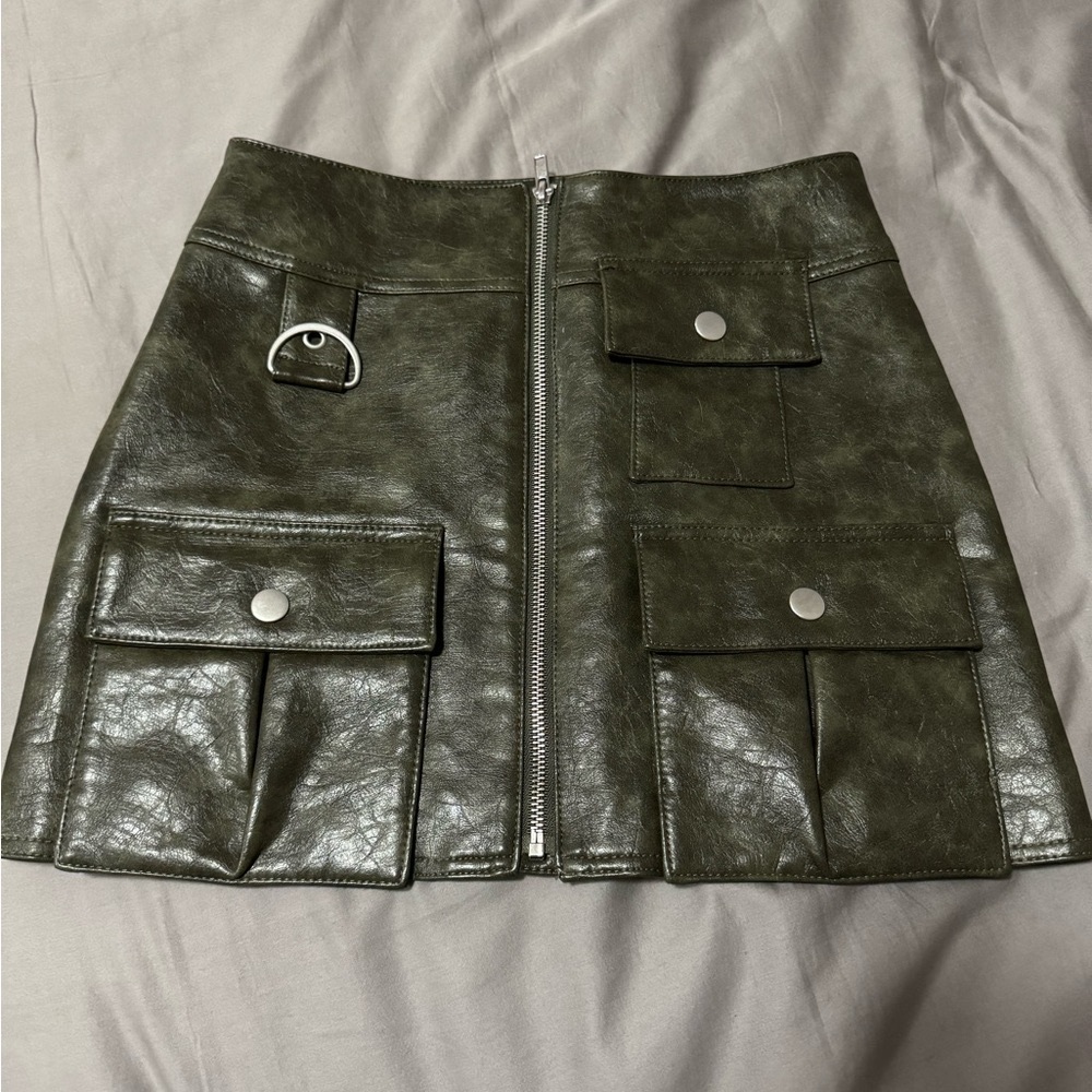 Asos Design - Khaki Leather Mini Skirt, Size 2
